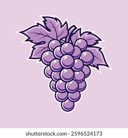 Grape Fruit Illustration, Vector grape icon, illustration of purple fruit with leaf , grape logo symbol in flat cartoon style, Bunch of wine grapes with leaf