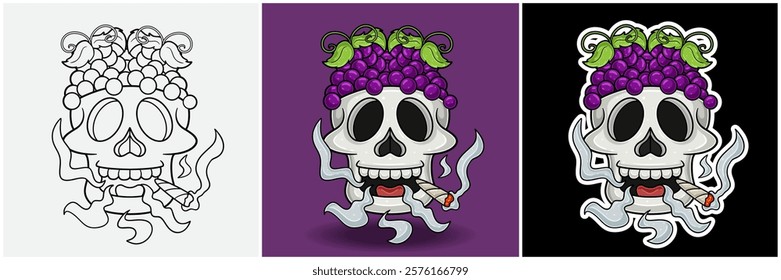 Grape Fruit Inside Skull Head With Smoking Character Cartoon. Black White, Colorful and Sticker Style. For T shirt print, Brand Logo, Label and Mascot product. Vectors Illustrations