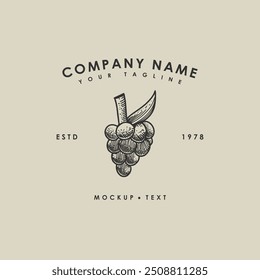 Grape fruit logo template. Vintage hand drawn style vector illustration.