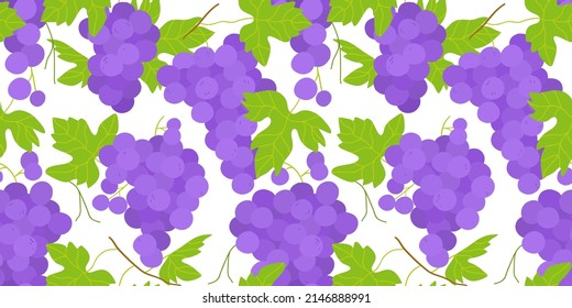 Grape fruit seamless pattern illustration in modern flat cartoon style. Natural vine branch background. Vineyard farm concept, organic wine fruits backdrop.