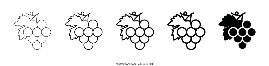 Vector de iconos de frutas de uva. Icono de uvas con silueta de hojas. Iconos de uva en línea delgada y estilo plano con trazo editable sobre fondo blanco. Señal y símbolo de cerveza y elaboración. Ilustración del vector