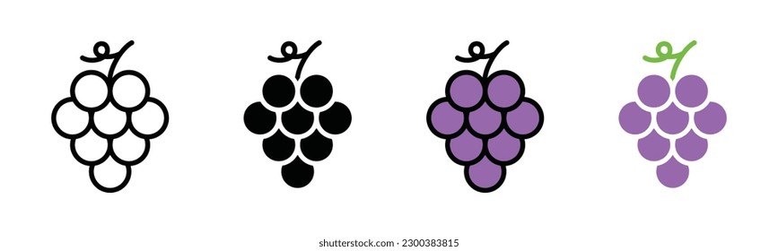 Grape fruits icon vector. Grapes icon silhouette. Grape icons in thin line, flat, and color style with editable stroke on white background. Beer and brewing sign and symbol. Vector illustration