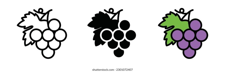 Grape fruits icon vector. Grapes icon silhouette. Grape icons in thin line, flat, and color style with editable stroke on white background. Beer and brewing sign and symbol. Vector illustration