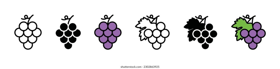 Juego de vectores de iconos de frutas de uva. Silueta de icono de uvas. Iconos de uva en línea delgada, plana y color con trazo editable sobre fondo blanco. Señal y símbolo de cerveza y elaboración. Ilustración del vector