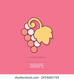 Grape fruits sign icon in comic style. Grapevine vector cartoon illustration on white isolated background. Wine grapes business concept splash effect.