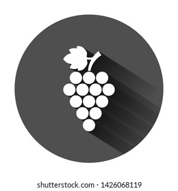 Grape fruits sign icon in flat style. Grapevine vector illustration on black round background with long shadow. Wine grapes business concept.