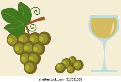 grape and glass of white wine flat vector  food and drink illustration