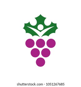 Grape with green leaf vector logo.