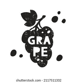 Grape grunge sticker. Black texture silhouette with lettering inside. Imitation of stamp, print with scuffs. Hand drawn isolated illustration on white background