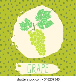 Grape hand drawn sketched fruit with leaf on background with dots pattern. Doodle vector grape for logo, label, brand identity.