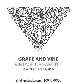 Grape. Hand drawn grape and vine engraving style illustrations set. 
Bunch of grapes vector design element. Grape and vine logo and background.
Wine theme grape and vine vintage style ornament. 