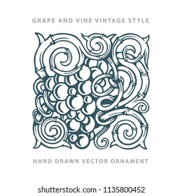 Grape. Hand drawn grape and vine engraving style illustrations set. 
Bunch of grapes vector design element. Grape and vine logo and background. 
Wine theme grape and vine vintage style ornament. 