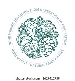 Grape. Hand drawn grape and vine engraving style illustration. Bunch of grapes vector design element. Grape and vine logo and background. Wine theme grape and vine vintage style ornament.