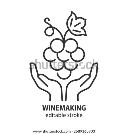Grape in hands line icon. Winemaking vector illustration. Editable stroke.