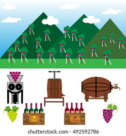 Grape harvest collection.  Device for the production of wine.  vector illustration set. 