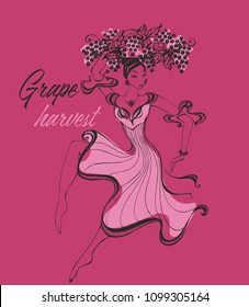 Grape harvest. Collection. Girl picking grapes. Dancing girl. Vector. 