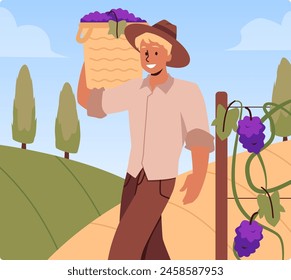 Tiempo de cosecha de uva. Una Ilustración vectorial plana que representa a un obrero llevando una cesta de uvas sobre un fondo de campos, que representa el espíritu de la vinificación y la agricultura.