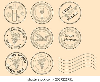 grape harvest - vector print stamps with grape and wine glass