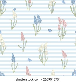 Grape Hyacinth flower and blue butterfly on stripes hand drawn vector seamless pattern. Vintage Romantic Spring Garden Bloom background. Liberty inspired retro floral print for fashion fabric