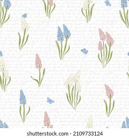 Grape Hyacinth flower and blue butterfly on calligraphic background hand drawn vector seamless pattern. Vintage Romantic Spring Garden Bloom background. Retro floral print for Easter spring design