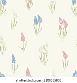 Grape Hyacinth flower hand drawn vector seamless pattern. Vintage Romantic Spring Garden Bloom background. Liberty inspired retro floral print for fashion fabric, home textile, Easter design