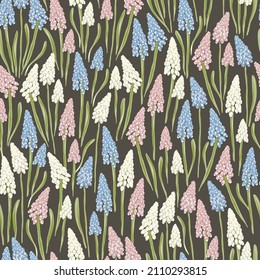 Grape Hyacinth flower on dark background hand drawn vector seamless pattern. Vintage Romantic Spring Garden Bloom background. Liberty inspired retro floral print for fashion fabric, home textile