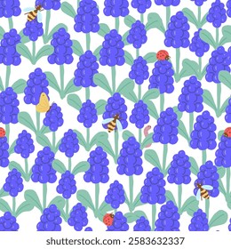 Grape Hyacinth and Garden Insects, Spring Flower Seamless Pattern