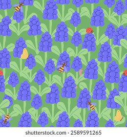 Grape Hyacinth and Garden Insects, Spring Flower Seamless Pattern