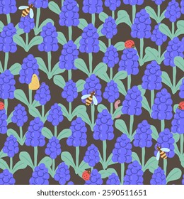 Grape Hyacinth and Garden Insects, Spring Flower Seamless Pattern