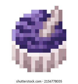 Grape ice cream cup pixel art. Vector illustration.