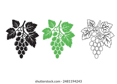 Grape Icon: Food Fruits, clusters of grape icons in a flat design style, isolated on white.