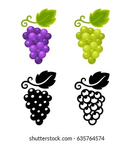 Grape icon set, black and color version of different grape types. Wine symbol vector illustration.