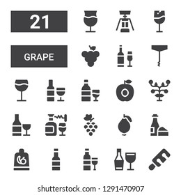 grape icon set. Collection of 21 filled grape icons included Wine, Fruit, Guava, Grapes, Fruits, Apricot, Corkscrew, Grape