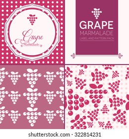 Grape jam collection. Jam label with seamless patterns