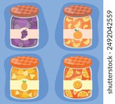 Grape Jam Peach Jam Pineapple Jam Marmalade Jam in Jar Vector Illustration
