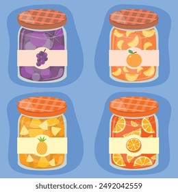 Grape Jam Peach Jam Pineapple Jam Marmalade Jam in Jar Vector Illustration