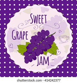 Grape jam vector logo. Homemade jam logo. Sweet black grape jam. Black grape illustration. Berry jam illustration.