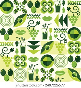 Grape juice background with design elements in simple bauhaus geometric style. Seamless pattern with abstract shapes. Good for branding, decoration of food package, cover design, decorative print