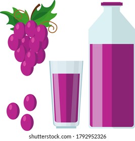Grape juice in a bottle and glass. Vector illustration with grapes and a drink on a white background.
