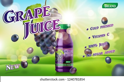 Grape juice bottle with sunny background on green grass. Juice container package ad. 3d realistic grape Vector illustration for your design