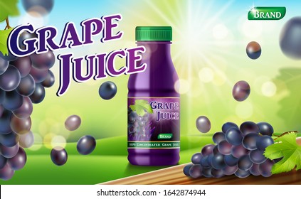 Grape juice bottle with sunny background on green grass. fruit juice container package ad. 3d realistic grape Vector illustration for your design