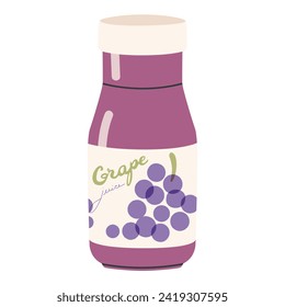 Grape juice bottle. Vector hand drawn cartoon fruit drink bottle illustration on a white background. Helpful organic fruity water. Glass bottle of summer refreshment.