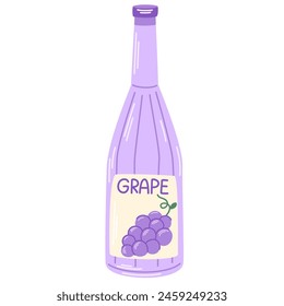 Grape juice, fruit drink in bottle. Cold summer beverage, refreshing lemonade. Healthy natural flavored juicy refreshment in glass package. Flat vector illustration isolated