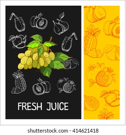Grape juice. Fruit. Vector illustration. Fruit drawn in chalk on a black Board. Hand drawn vector illustration.