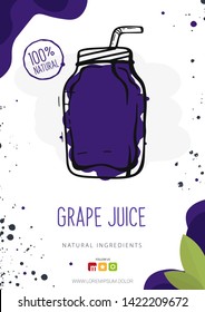 Grape Juice in a glass. Banner smoothies, lemonade, fresh, detox in sketch style