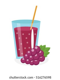 Grape juice in a glass. Fresh grape juice isolated on white background. Fresh fruit and juice icon. Blue grape drink, fruit compote. Grapes cocktail smoothie. Vector illustration