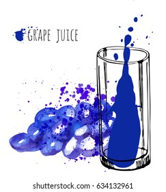 Grape juice in glass and grapevine vector illustration. Watercolor sketch about grape drink and fresh juice. Hand draw glass and health grapes drink.