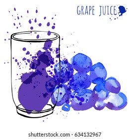 Grape juice in glass and grapevine vector illustration. Watercolor sketch about grape drink and fresh juice. Hand draw glass and health grapes drink.