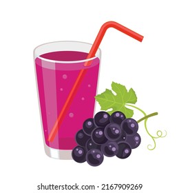 Grape juice in a glass with tube for drinking. Healthy organic  fresh drink icon. Branch with berries. Vector illustration in flat style isolated on white. Taking natural vitamins. 