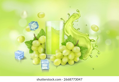 Grape juice on bokeh orchard scene in 3d illustration. Drinking glass with white or green wine. Grapes branch realistic 3d advertising